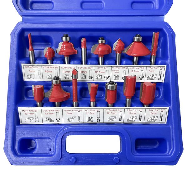 Sutekus Trimmer Router Bit, 15-Piece Set, Bit Diameter 0.2 inch (6 mm), Japanese Standard, Compatible with Domestic Manufacturers, 8 Chamfers, 3 Slots, 3 Cutouts & 1 Joint (Red)