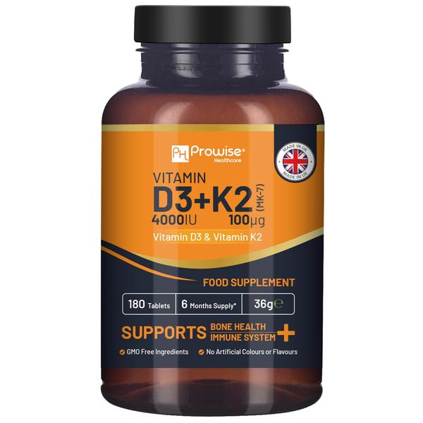 Vitamin D3 4000IU & K2 MK7 100µg Vegetarian Tablets I 180 (6 Months Supply) I Easy to Swallow Supplement for Immune Support, Calcium Boost, Bone & Muscle I Made in The UK by Prowise Healthcare