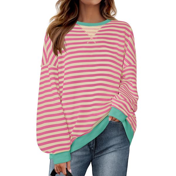 ZESICA Womens Casual Striped Pullover Tops Long Sleeve Shirts Crewneck Oversized Sweatshirts 2024 Fall Clothes,Pink,Small