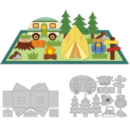 DELORIGIN 3D Camping Dies Cuts Metal Tree Car Tents Cutting Dies Card Making Cutting Dies Stencils Template for DIY Embossing Scrapbooking Craft Paper Greeting Card Birthday Gift Festival Decor