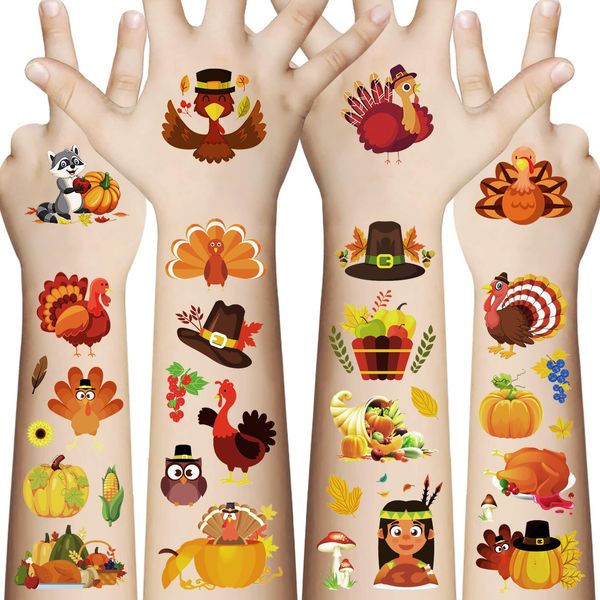 Awinmay Thanksgiving Temporary Tattoos for Kids - 200 PCS Turkey Day Fake Tattoos for Boys Girls,Autumn Harvest decorate Tattoos Stickers,Thanksgiving Party Favor for Kids Goody Bag Stuffers 12 Sheets