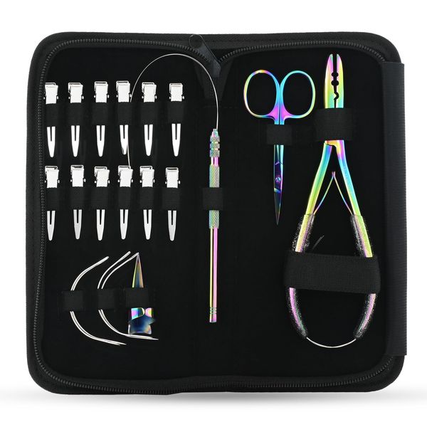 Professional Hair Extension Tools Kit with 2 Hole Microlink Crimping Plier, 12pcs Hair Clips, Hair Parting Tool, Multipurpose Mini Scissor & C Type Needles Pulling Hook for Micro Beads Hair Extensions Applications (Rainbow)