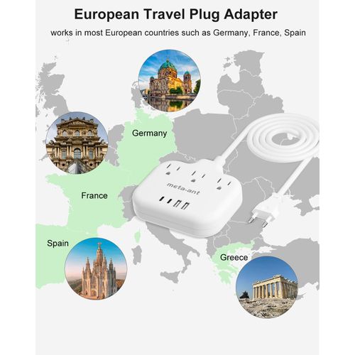 European Travel Plug Adapter, US to European Plug Adapter with 3 American Outlets & 4 USB, 5ft Europea Power Cord, International Travel Power Strip, Type C for Europe EU Germany France, Travel, White