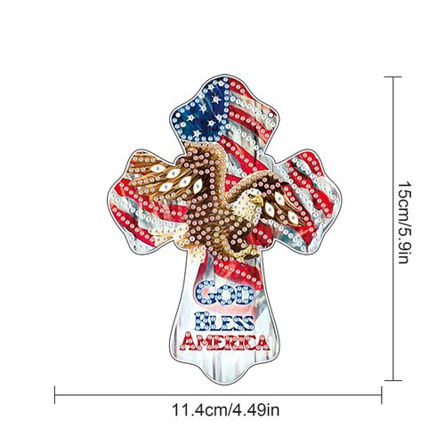 God Bless America Diamond Painting Hanging Ornament - Patriotic Cross with Eagle & American Flag - DIY 5D Diamond Art Kit with Chain - Independence Day Home Decor - Handmade Beaded Sun Catcher Gift