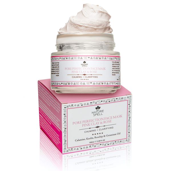 Nature Spell Pink Clay & Rose Pore Perfection Face Mask 100 ml - Clarifies and tightens the pores, Transforms dull & tired skin, For All Skin Types – 100% Vegan, Made In The UK