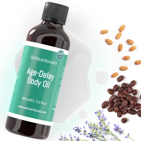 Age-Delay Body Oil - Natural Anti Aging Oil for Women & Men - Skin Moisturiser with Lavender for All Skin Types - Improve the appearance of Wrinkles, Blemishes & Stretch Marks - SKINutritional