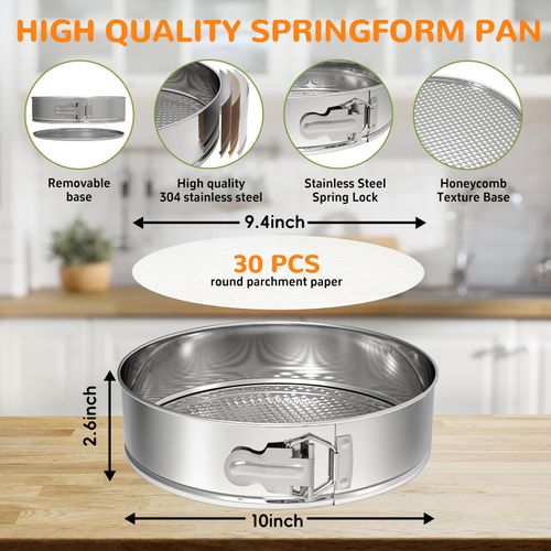 ZeroPone 10 Inch 304 Stainless Steel Springform Pan with Removable Bottom, Nonstick Round Spring Form Cheesecake Pan with 30 Pcs Parchment Paper Liners
