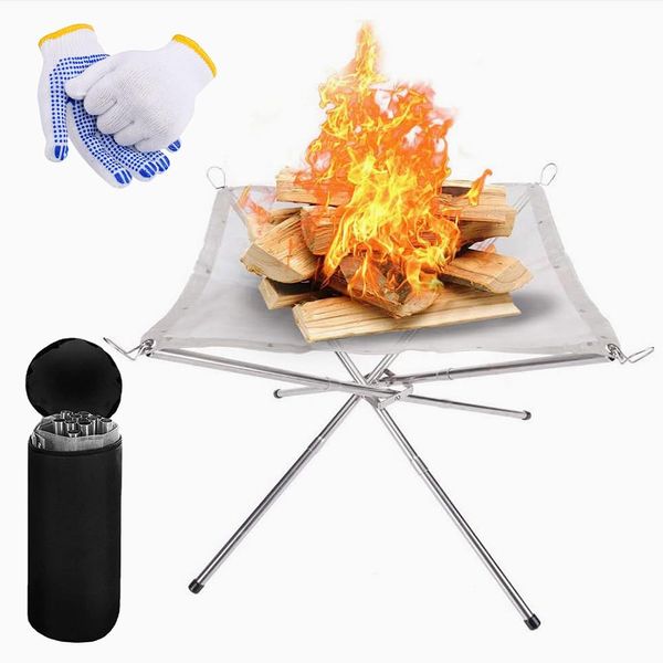 Portable Fire Pit Folding Camping Fire Pit - Stainless Steel Foldable Mesh Fire Pit Outdoor Fire Pit with Carrying Bag and Gloves, 42cm Collapsible Bonfire Firepit Set for Garden Picnic Barbecue