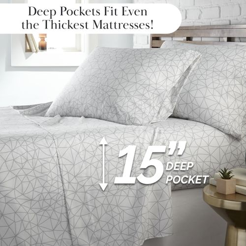 Southshore Fine Living, Inc. Geometric Maze Collection, 3-Piece Twin XL Sheets Set, 14" Deep Pocket Twin XL Fitted Sheet, Single White Flat Sheet, White Sheets with Grey Pattern, Standard Pillow Case