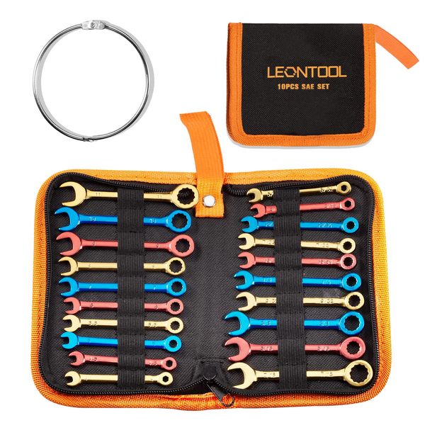 LEONTOOL Small Combination Wrench Sets Metric and Standard 20 PCS 4-11mm & 5/32" to 7/16" Color Plated Open and Box End Mini Wrenches with Key Ring Ignition Wrench Set with Zipper Bag