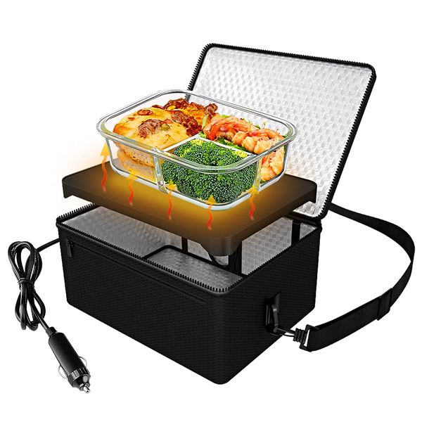 [90W Faster] Portable Oven, 12V Car Food Warmer Portable Personal Mini Oven Electric Heated Lunch Box for Meals Reheating & Raw Food Cooking for Road Trip/Camping/Picnic/Family Gathering(Black)