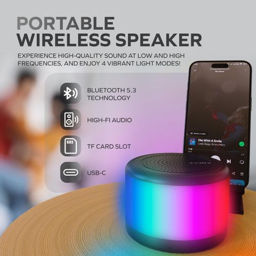 Coby True Wireless Portable LED Speaker – Bluetooth 5.2, 3W Stereo Sound, TWS Pairing, FM Radio, TF Card Support, USB-C Rechargeable, 8 LED Light Modes – Compact & Travel-Friendly