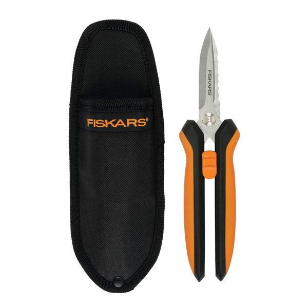 Fiskars Multi-Purpose Garden Snips - 8" Garden Shears with Sheath and SoftGrip Handle - Straight Edge, Serrated Edge, Wire Cutter - Yard and Garden Tools - Orange/Black