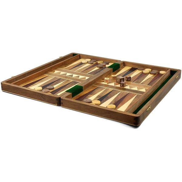 BACKGAMMON SET BOARD INLAID HANDMADE SOLID WOODEN WITH BACKGAMMON PIECES AND DOUBLING DICE INCLUDED 10"