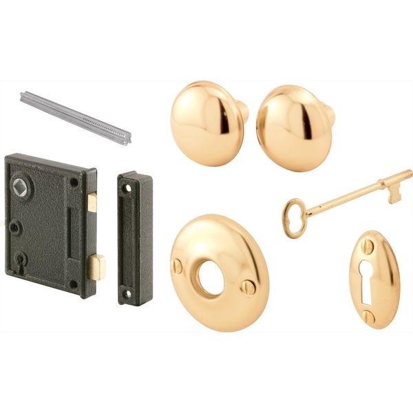 Prime-Line E 2437 Vertical Trim Vintage Lock Set – Cast Steel, Brass Plated Knobs, Antique Skeleton Key Lock System – 2-1/2” Backset, Surface Mounted, Right-Hand Swing-In Interior Doors (Single Pack)