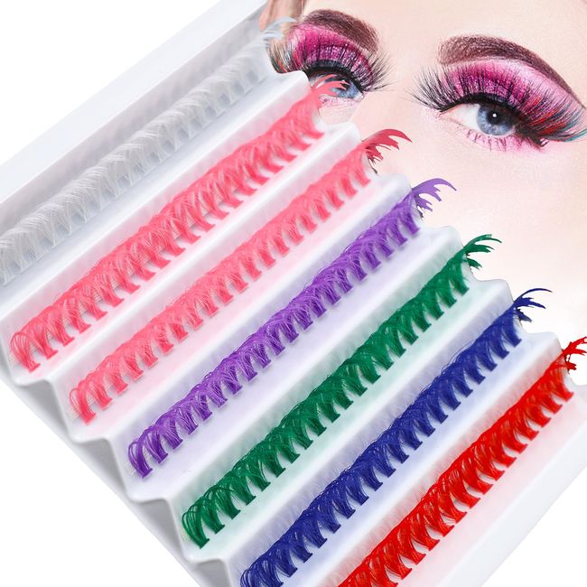 Sibba Colored Lashes Cluster, 14MM Individual False Lashes, Wispy & Curl Eyelashes, DIY Eyelashes Extension, 140 PCS 6 Colors False Eyelashes (White Pink Purple Green Blue Red)