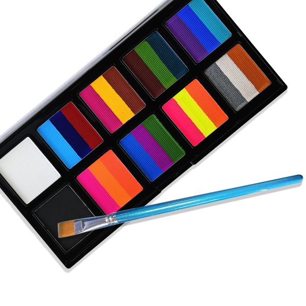 10 Color Body Painting Palette, 3 Grids Color Block Palette, Water Based Face Paint Set With Brush, Rainbow Face Paint Makeup For Halloween Cosplay Party (02#)