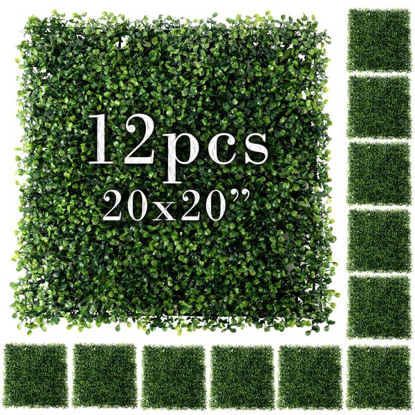 Artificial Green Wall Decor 20x20 Inch Boxwood Panels, 12 pack Faux Greenery Wall Panels For Green Grass Wall Decor, Plastic Artificial Hedge Wall Panels, Fake Grass Wall For Garden, Office, Home