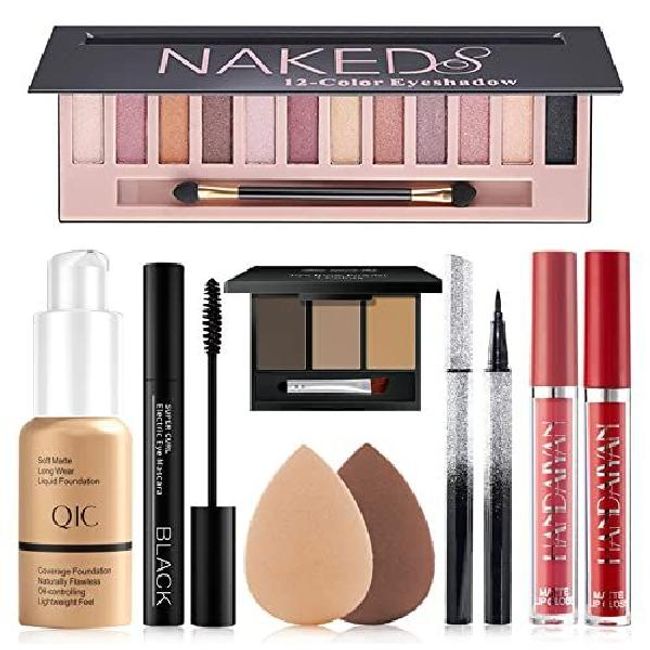 Moist Mall Women's Makeup Kit Full All-in-one Set Includes 12 Color Naked Eyeshadow Palette Beige Foundation Waterproof Liquid Liner and Mascara Eyebrow Powder 2pcs Matte Lipstick Sponge