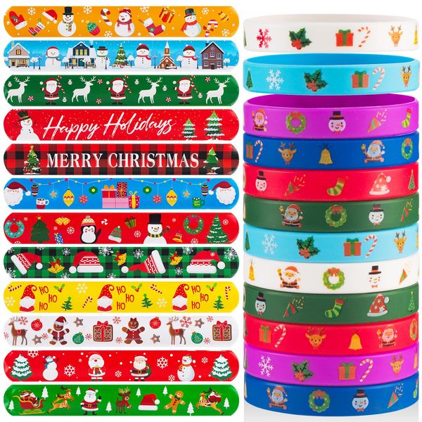 48 PCS Christmas Slap Bracelets and Rubber Bracelets for Kids Holiday Party Favors Bracelets Silicone Wristbands for Birthday Party Supplies Boys and Girls'Santa Gifts Xmas Stocking Stufers