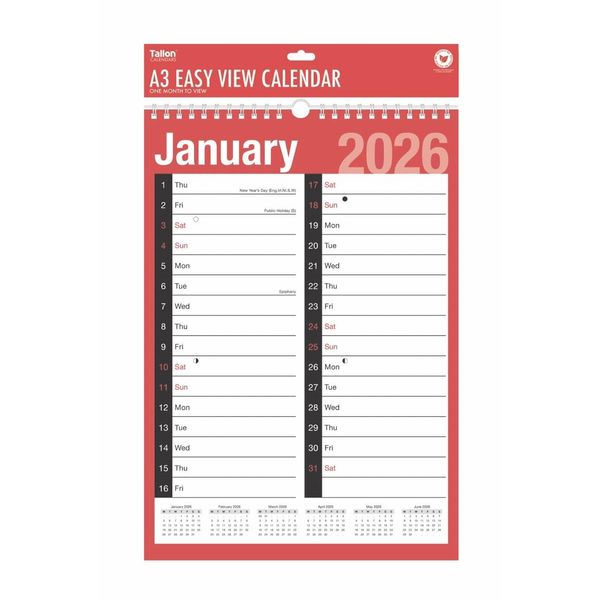 2026 A3 Extra Wide 2 Column Month To View Spiral Bound Wall Planner Calendar