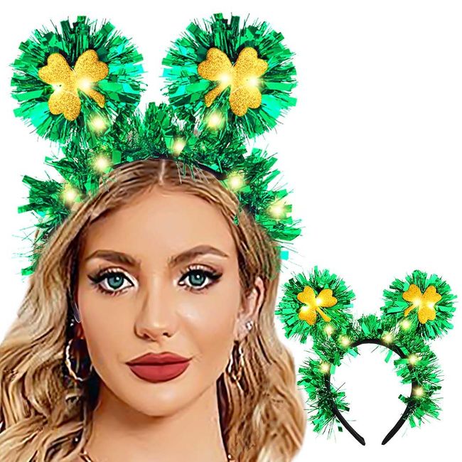 Uranian Light Up St. Patrick's Day Headbands Led Mouse Ear Hair Bands Glitter Green Shamrock Hair Hoop Irish Festival Holiday Hair Accessories for Women and Girls