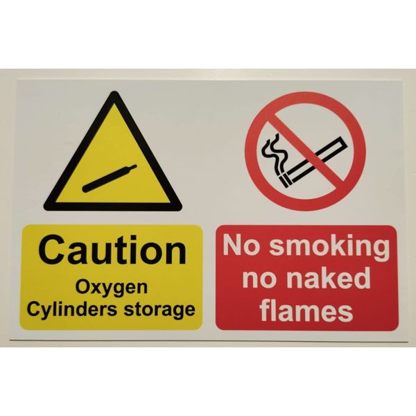 Caution Oxygen Cylinder Storage no Smoking or Naked Flames Safety Sign - 1mm Plastic Sign (200mm x 150mm)