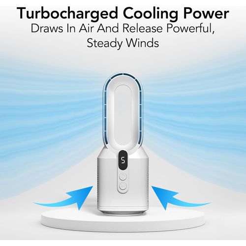 EZ-CHILL 14" Rechargeable Bladeless Tabletop Fan for Bedroom and Home, 5 Speed Settings, Display Screen, Non-Slip Feet, Ideal for Home Office, Quiet Operation, White