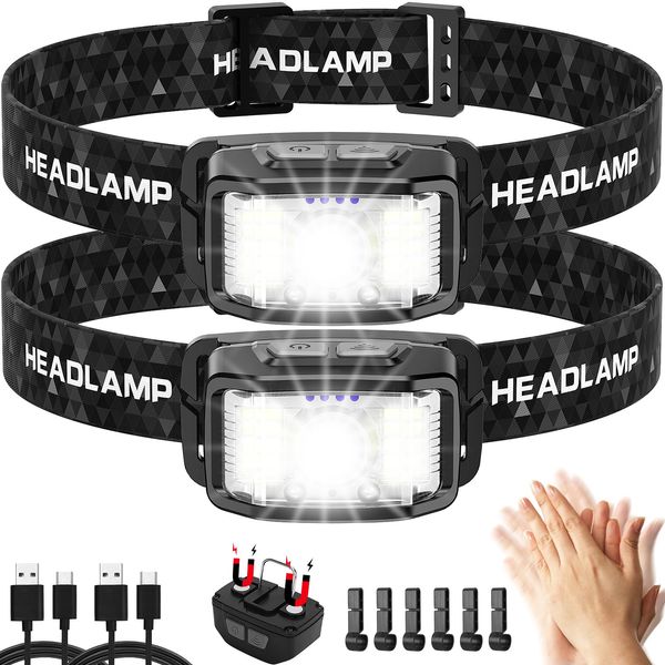 Headlamp Rechargeable,2 Pack 2000 Lumen Ultra Bright Led Headlamp,16 Modes Motion Sensor Head Lamp,Waterproof Lightweight White Red LED Flashlight for Camping,Cycling,Running,Headlamps for Adults 1