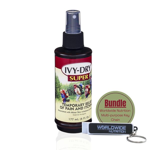 Worldwide Nutrition Bundle 2 Items -Ivy Corporation - Dry Super Itch Relieving Spray - Fast-Acting Relief from Poison Ivy, Itching, and Skin Irritants - 6 Fl Oz and Multi-Purpose Key Chain