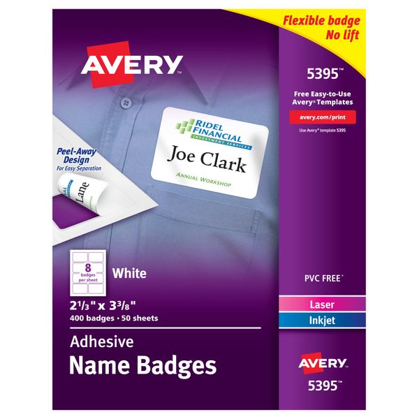 Avery Flexible Name Tag Stickers, White Rectangle Labels, 400 Removable Name Badges, 2-1/3" x 3-3/8" (5395)