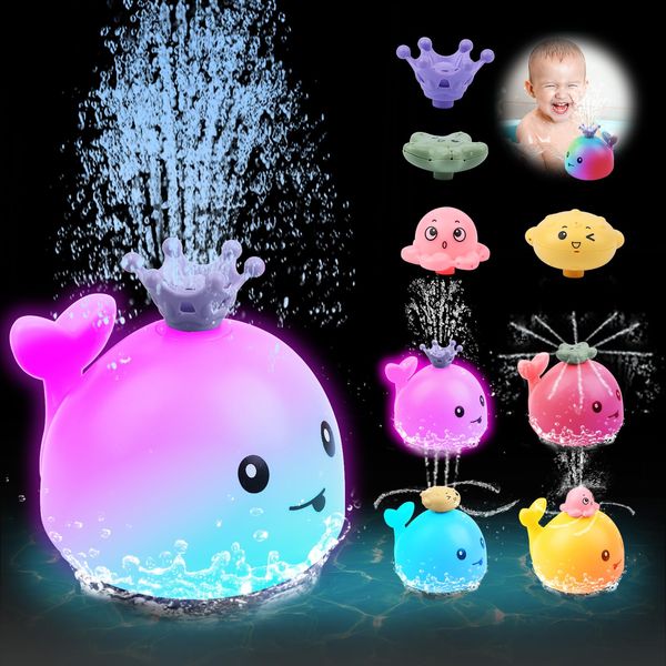 candyfouse Baby Whale Bath Toys,Whale Bath Toy Sprinkler, Light Up Bath Toys for Toddlers 1-3, Four Water Spray Patterns, Waterproof Design, Bathtub Fountain Spray Toy, Baby Birthday Shower Gifts