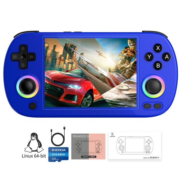 RG40XX H Retro Handheld Game Consoles RG40XXH Retro Gaming Console with 64 TF Card Portable Gaming Console Linux 64-bit System 4 inch IPS Screen Supports WiFi Bluetooth HD and TV Output Blue