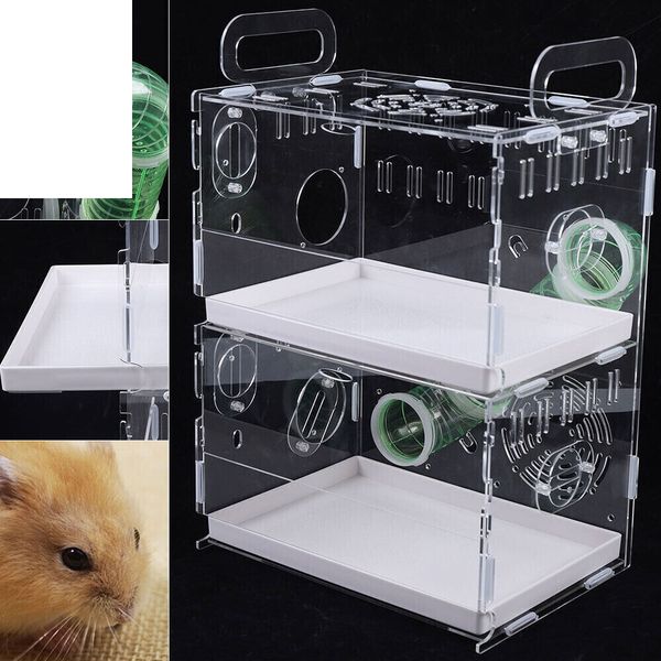 2 Tiers Transparent Guinea Pig Hamster Cage Double-Layer Pet House