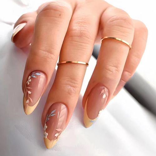 24 Pezzi Unghie Finte Corte Mandorla Lucide Adesive Colorate French False Nails Artificiale Premere Sulle Unghie Ballerina Copertura Completa Ovali Unghie Finte per Donna Ragazze (Foglie Gialle)