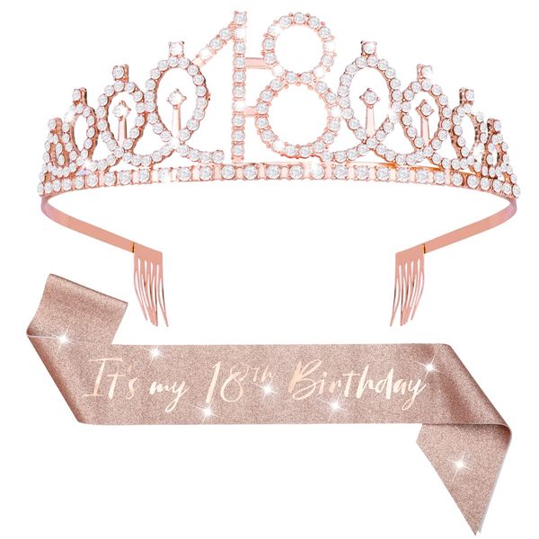 Abeillo 'It's my 18th Birthday' Sash and Tiara for Girls, Rose Gold Birthday Crown 18 & Fabulous Decoration Satin Sash 18th Birthday Gifts for Happy 18th Birthday Party Favor Supplies