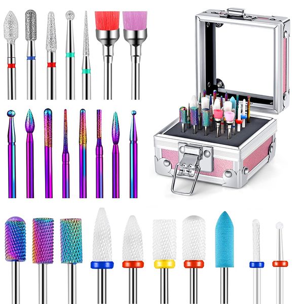 25Pcs Nail Drill Bits Set with Portable Nail Drill Bit Holder, 3/32 Inch Nail Drill Bits for Acrylic Nails, Ceramic Diamond Carbide Cuticle Efile Remover Bits for Home Salon Acrylic Gel Nail Polish