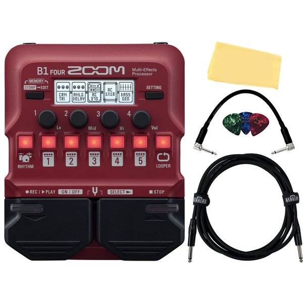 Zoom B1 FOUR Bass Multi-Effects Processor Bundle with Instrument Cable, Patch Cable, Picks, and Austin Bazaar Polishing Cloth