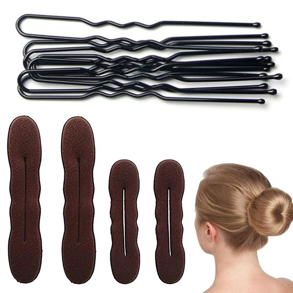 Magischer Haarknoten,Haardutt-Hersteller-Schwamm,4 Stück Hair Bun Haarhalter Schwamm Clips und 10 Stück Haarnadeln,Haar Styling Donut Brötchen Haar Twist Lockenwickler Donut Tools,Braun