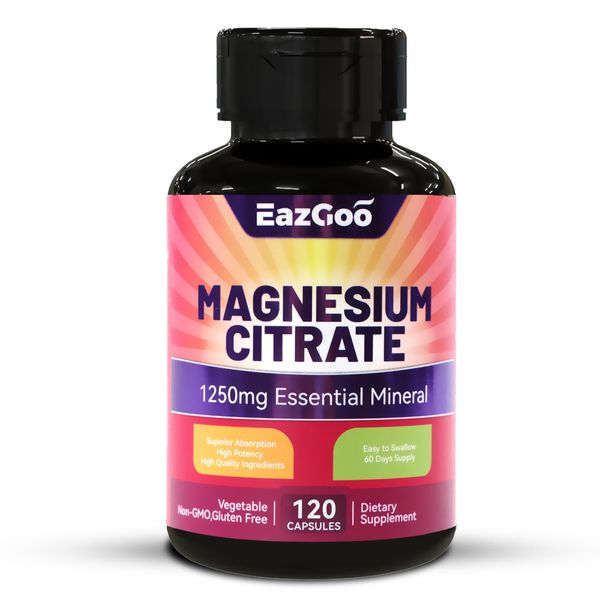 EAZGOO Magnesium Citrate Capsules 1250mg, High Absorption Magnesium Citrate Supplement with Elemental Magnesium, Extra Strength Magnesium Supplement, Non-GMO, Gluten-Free, 120 Vegetable Capsules