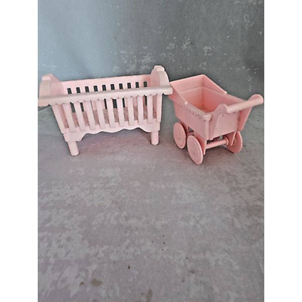 1990's Playskool  Dollhouse Baby Stroller & Crib  Pink  Plastic  1990"s EUC