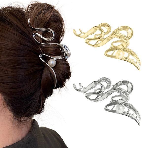 Haarklammern Große Perlen-Haarklammern Rutschfeste Metall Haarspangen Silber Gold Haarklammer Starker Halt Haarschmuck für Damen und Mädchen Haar-Accessoires (2 Stück)