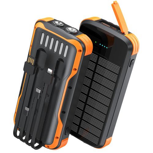 SOXONO Solar Charger Power Bank, PD 20W Fast Charging External Batter, 40000mAh Portable Phone Charger Built in 4 Cables with Dual Bright Flashlights for Camping, Hiking, and Outdoor Use