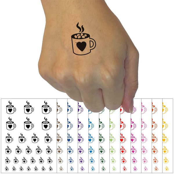 Hot Chocolate with Marshmallows Heart Mug Temporary Tattoo Water Resistant Fake Body Art Set Collection - Black (One Sheet)