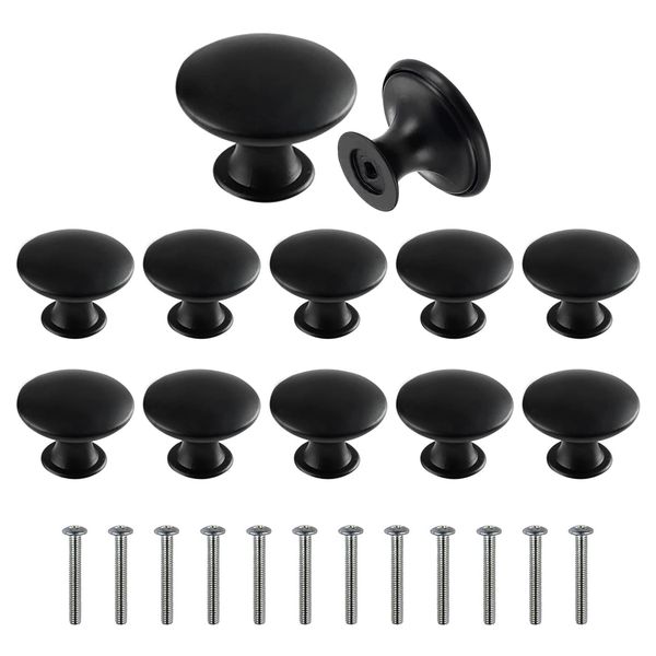 QINGHEC 12 Pcs Black Cupboard Knobs, Black Drawer Handles, Round Kitchen Cabinet Knobs, Metal Wardrobe Door Knobs with Screw, Black Wardrobe Handles, Retro Black Knobs for Drawer Wardrobe