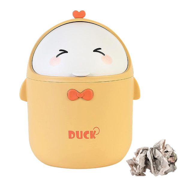 Mini Desktop Trash Bin, Small Wastebasket Bin with Lid, Mini Little Cute Chicken Trash Bin, Mini Portable Table Dustbin, for Home Office Kitchen Vanity Tabletop Bedroom Bathroom, 11*11*18.5cm (yellow)