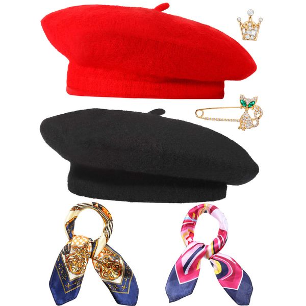 6 Pieces Wool Beret Hat Solid Color French Beanie Hat with Silky Scarf Brooch (Black and Beige)