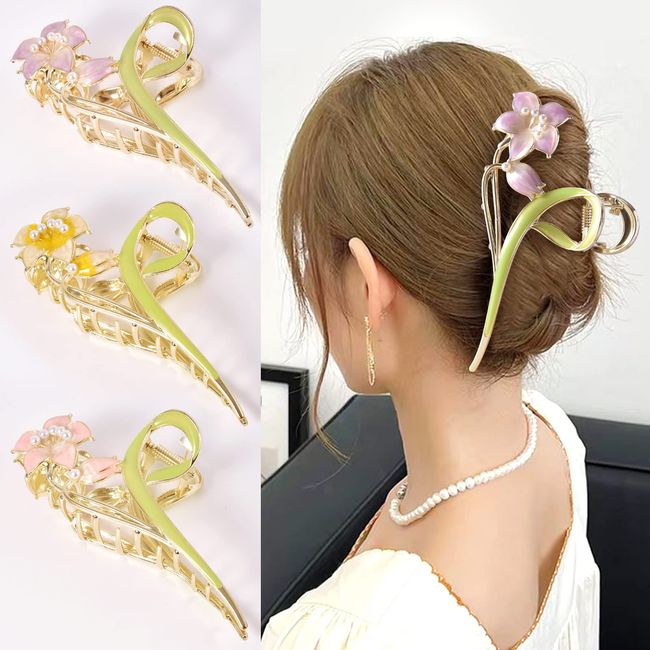 3 Haarklammer Metall Große, Haarklamme Blume, Haarspange Set, Claw Clip für Damen Sehr Dickes Dünnes Haar XXL Gold