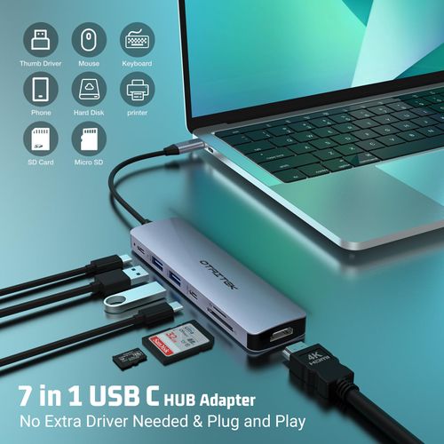 OTAITEK USB C Hub, 7 in 1 USB C Adapter, 7 in 1 HDMI Port with 4K Output, PD 100W, 2 * USB-A 3.0, USB-C 3.0, Support SD/TF Card, Compatible for Laptop, Mac Pro/Air Table, Surface 8/7