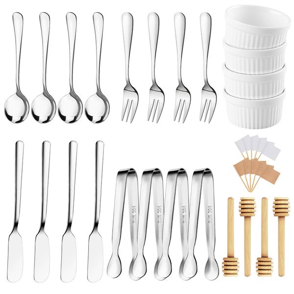 Charcuterie Boards Accessories 64Pcs Cheese Butter Spreader Knives Set Charcuterie Utensils Mini Serving Spoons and Forks Small Serving Tongs Sauce Cups Honey Dippers Toothpick Flags for Pastry Making